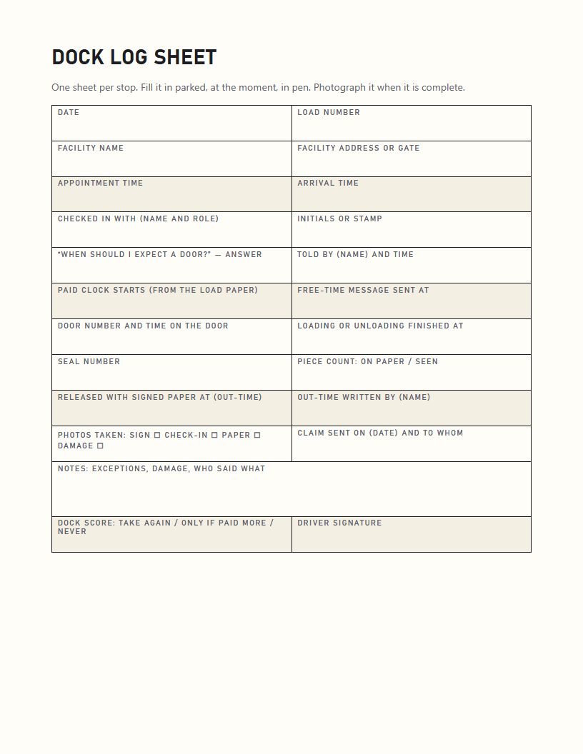 The dock log sheet from the back of the book